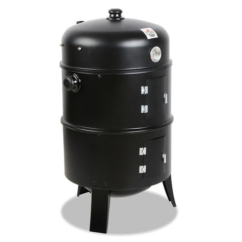 Grillz 3-in-1 Charcoal BBQ Smoker — vertical barrel smoker, grill and roaster in black powder-coated steel