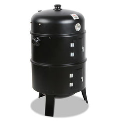 Grillz 3-in-1 Charcoal BBQ Smoker — vertical barrel smoker, grill and roaster in black powder-coated steel
