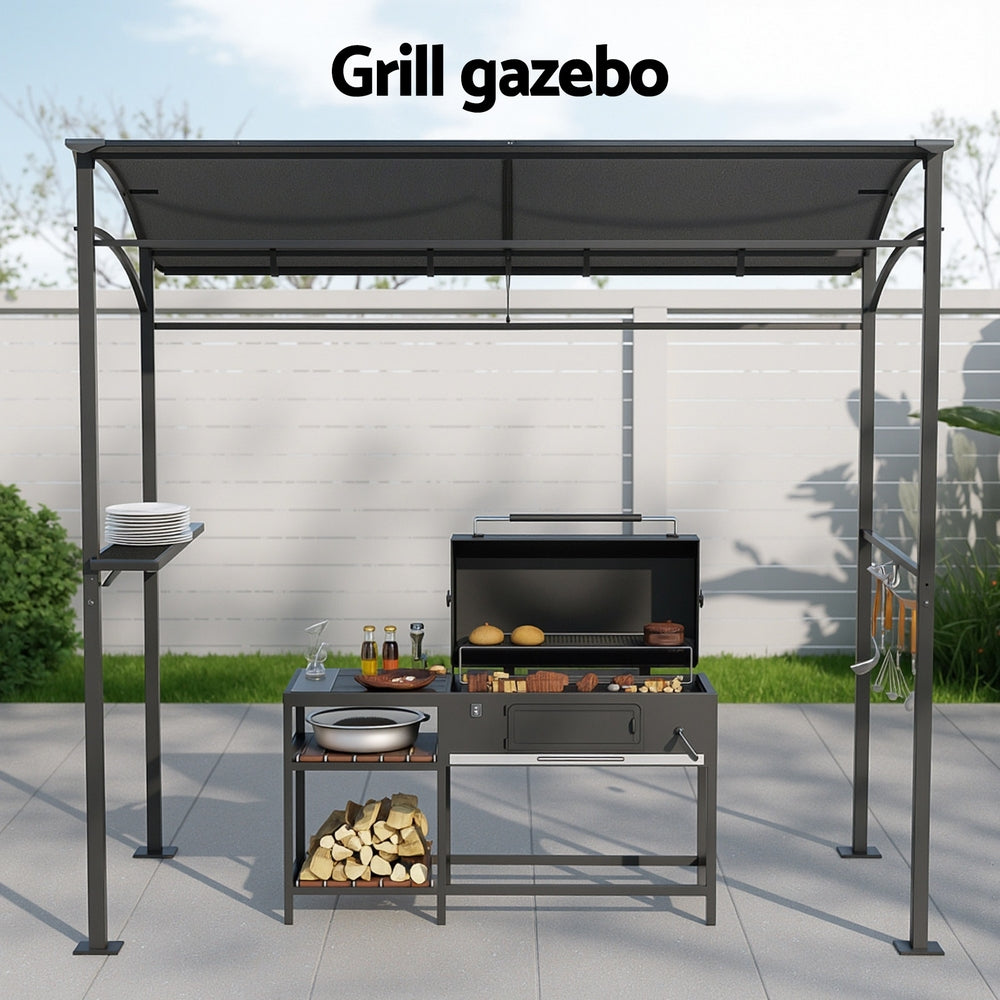 Instahut BBQ Gazebo with Side Shelves and Hooks - Grey