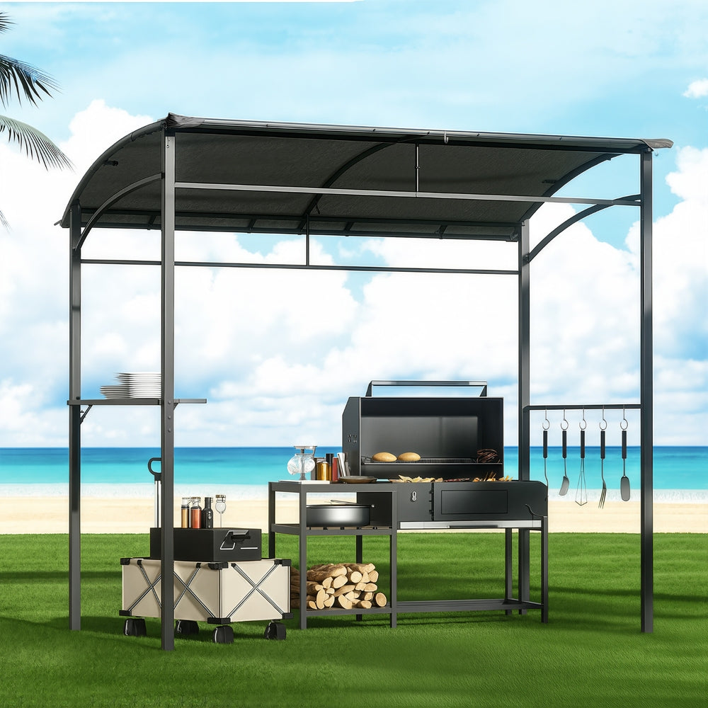 Instahut BBQ Gazebo with Side Shelves and Hooks - Grey