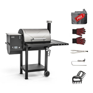 Ultimate 8-in-1 Pellet Grill in Silver with versatile cooking options - BBQ, bake, roast, smoke, and more, featuring a 700 sq. in. cooking area, heavy-duty steel build, and advanced temperature control.