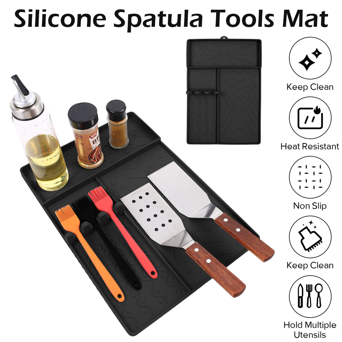 Silicone Griddle Tool Mat with Bottle Slots - Black