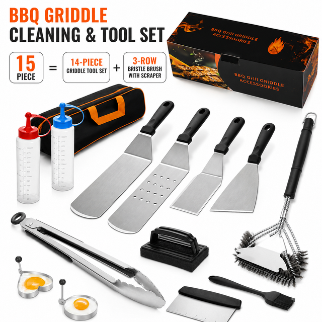 15 Piece Stainless Steel Griddle Tool Kit with Bag