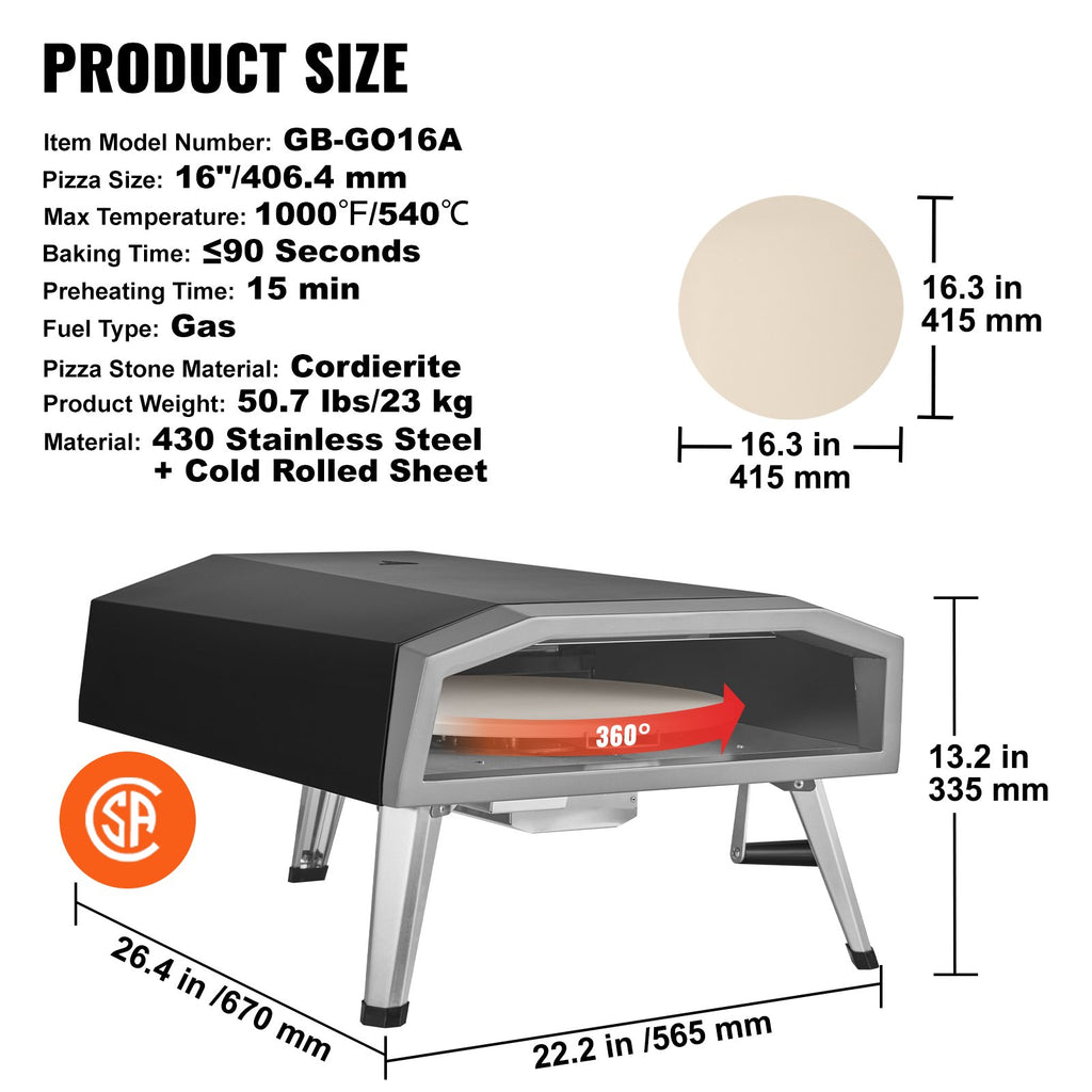VEVOR Outdoor Pizza Oven, 406.4 mm, Gas Fired Pizza Maker, Portable Outside Stainless Steel Pizza Grill with 360 Rotatable Pizza Stone, Waterproof Cover, Peel, IR Thermometer, Gas Burner, CSA Listed
