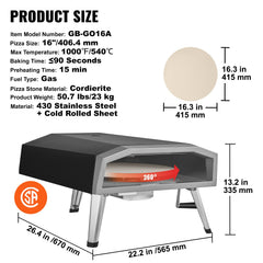 VEVOR Outdoor Pizza Oven, 406.4 mm, Gas Fired Pizza Maker, Portable Outside Stainless Steel Pizza Grill with 360 Rotatable Pizza Stone, Waterproof Cover, Peel, IR Thermometer, Gas Burner, CSA Listed